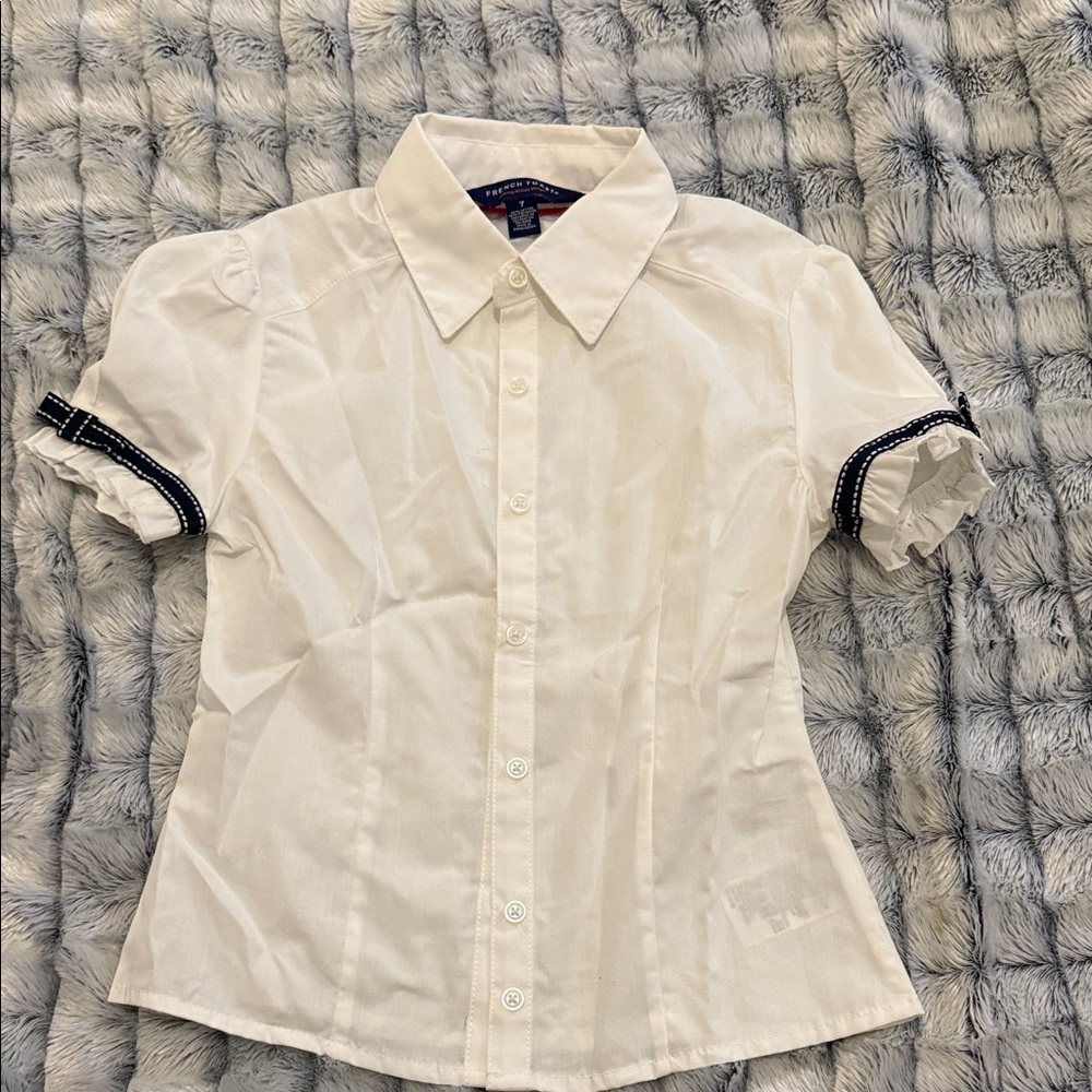 French Toast White Button Down Shirt with Navy Blue Trim and bow. 2pk